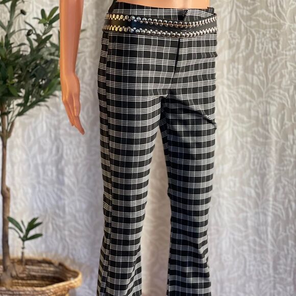 Black‎ & White Plaid Flared Pants Stretch Tartan Trousers Indie Academia Size M - Picture 6 of 8